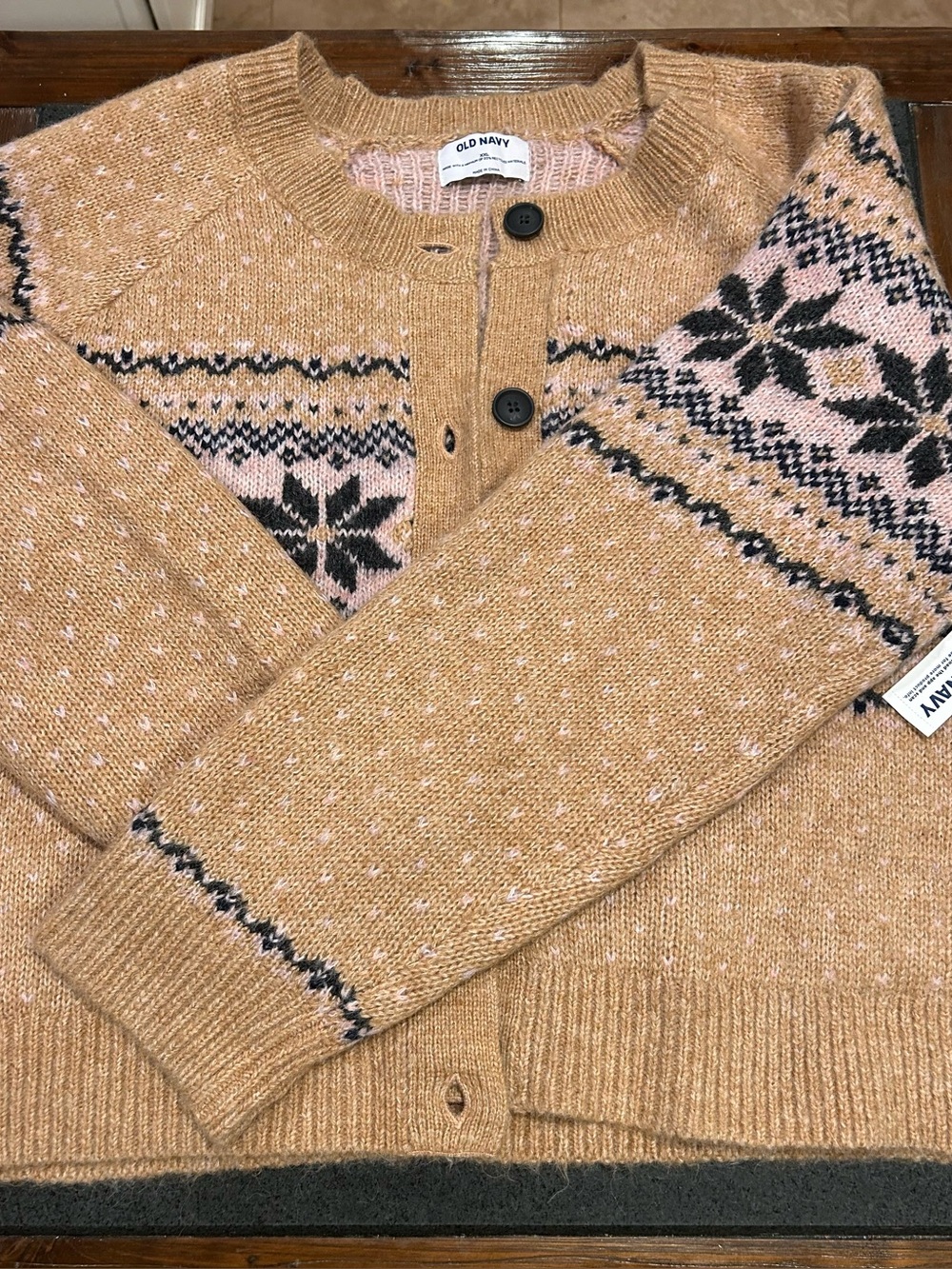 Old Navy Women’s Camel Fair Isle Button Cardigan Sweater